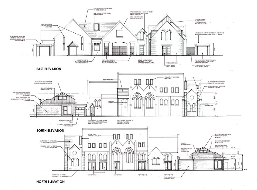 Architectural drawing showing east, south, and north elevations of a building, with detailed notes indicating design features, materials, windows, doors, rooflines, and structural elements for each elevation.